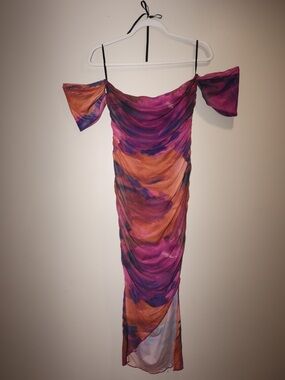 One-Shoulder Multicolor Ruched Midi Dress in Pink & Orange